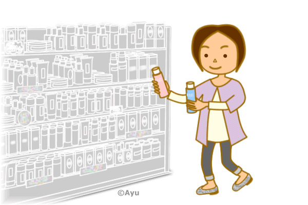 リアルショッピングモニター（RSモニター）で商品を選ぶ女性のイラスト